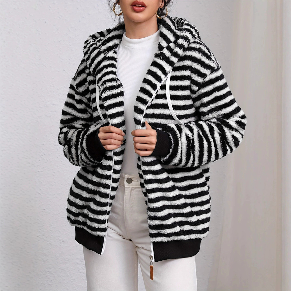Forever 21 Fall Winter Cozy Fleece Hooded Coat Black White Stripes